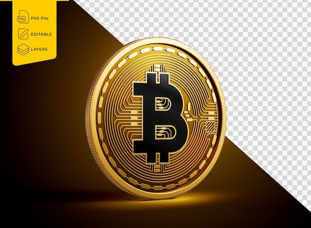 Et la crypto-monnaie noire arrondie Bitcoin BTC d'or sur un fond doré Illustration 3D