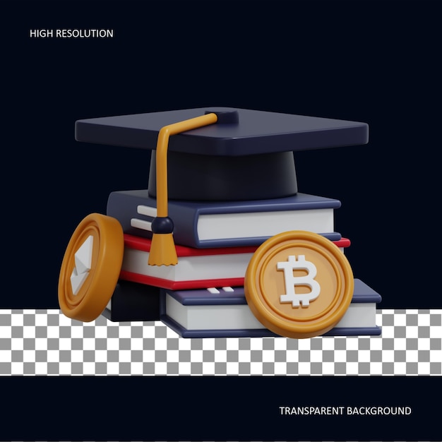 Cryptocurrency Education Graduation Cap on a Stack of Books and Coins