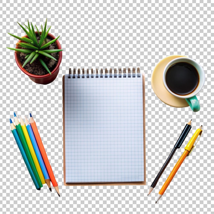 PSD cuaderno abierto en blanco y suministros escolares lápiz de colores goma de borrar afilada