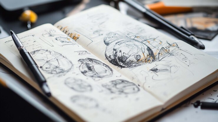 PSD un cuaderno abierto lleno de bocetos detallados de varios objetos, posiblemente conceptos de arte o ideas de diseño.