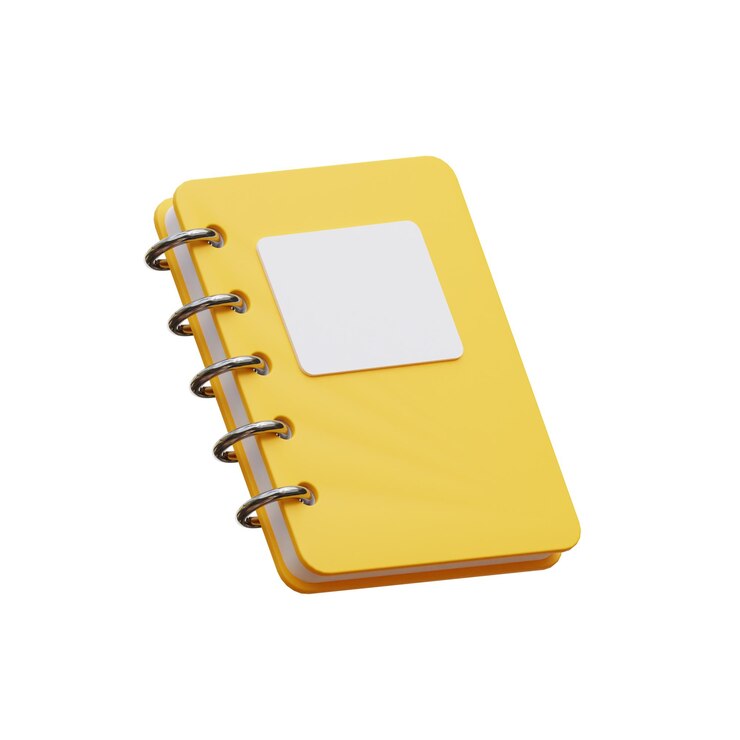 PSD un cuaderno amarillo con un cuadrado en la tapa está etiquetado con un cuadrado blanco.