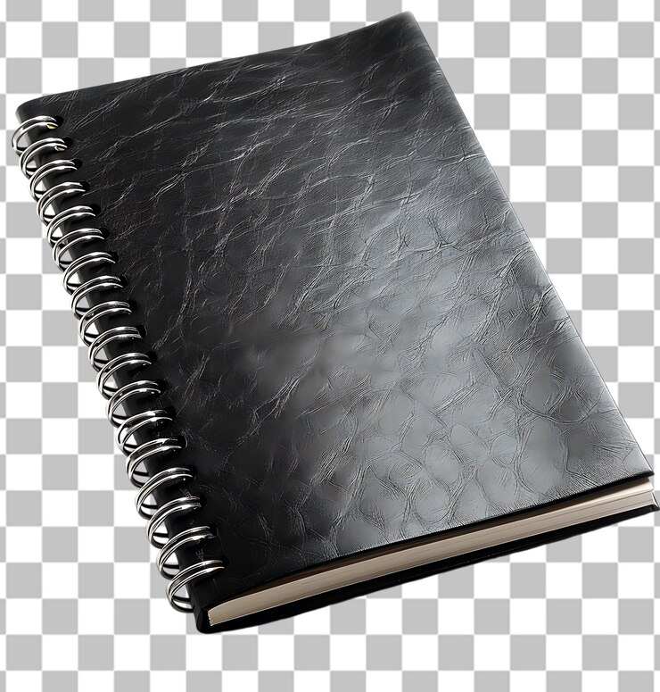 PSD cuaderno de anillo negro sobre un fondo transparente
