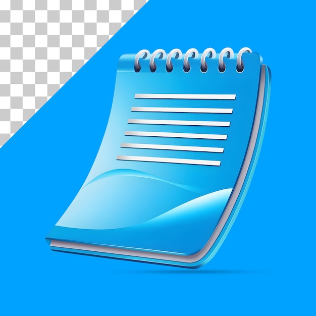 Un cuaderno azul 3D con una espiral en la parte superior