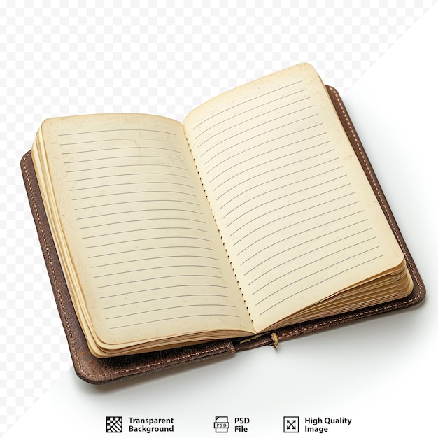 Cuaderno de color marrón con páginas abiertas en un fondo blanco aislado