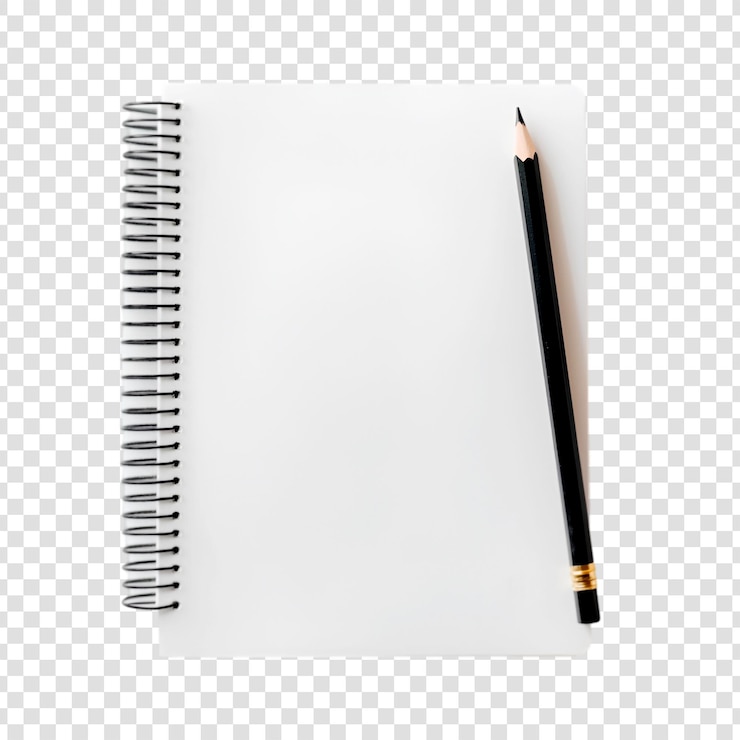 PSD cuaderno en espiral en blanco con lápiz negro sobre un fondo transparente