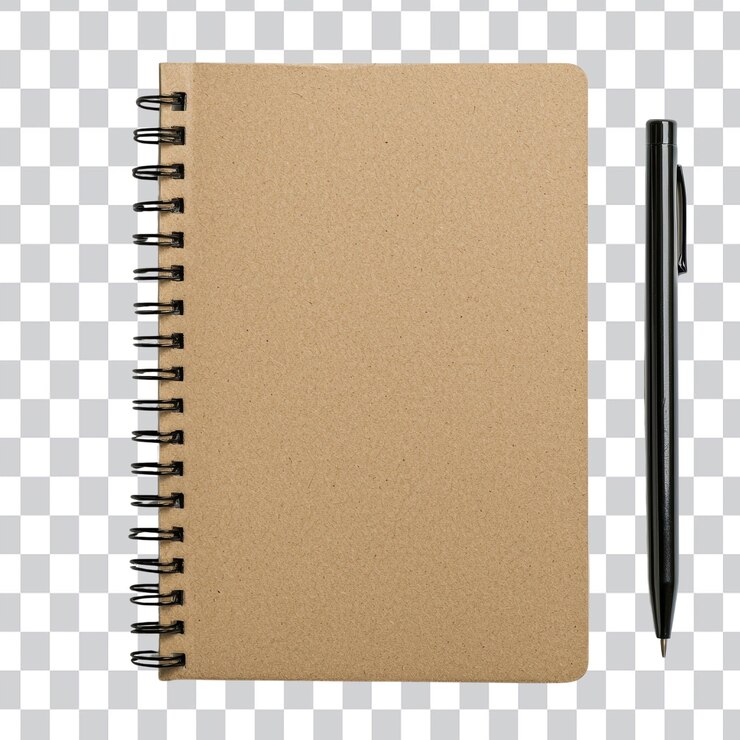 PSD cuaderno en espiral en blanco con pluma sobre un fondo blanco