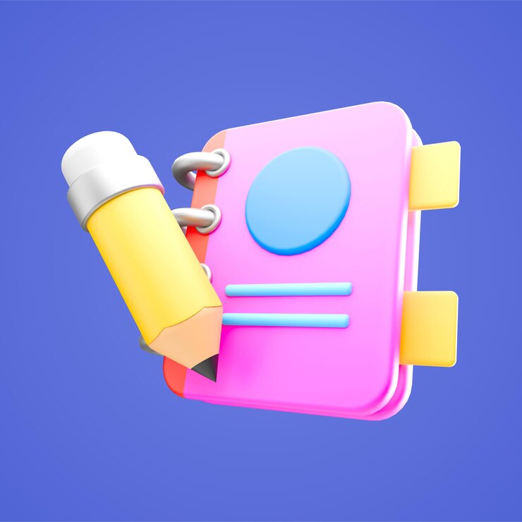 PSD un cuaderno de íconos 3d con un lápiz amarillo y con un cuadro rosado