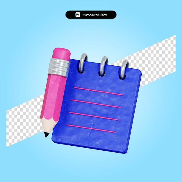 Cuaderno con lápiz 3d render ilustración aislada