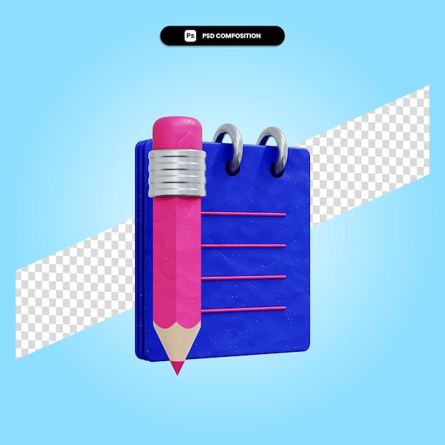 Cuaderno con lápiz 3d render ilustración aislada