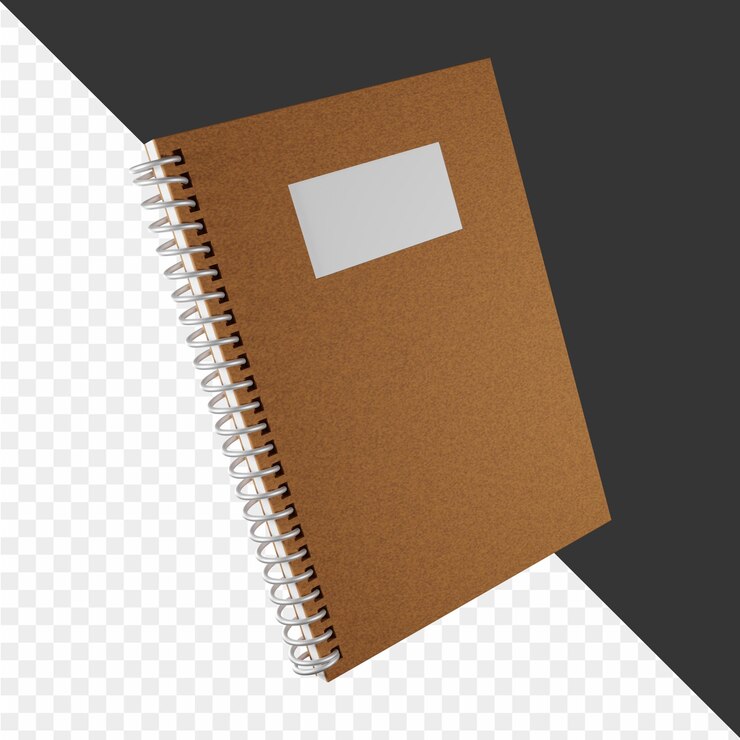 PSD un cuaderno marrón con una etiqueta blanca en él