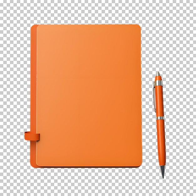 PSD cuaderno naranja con fondo transparente aislado por un bolígrafo