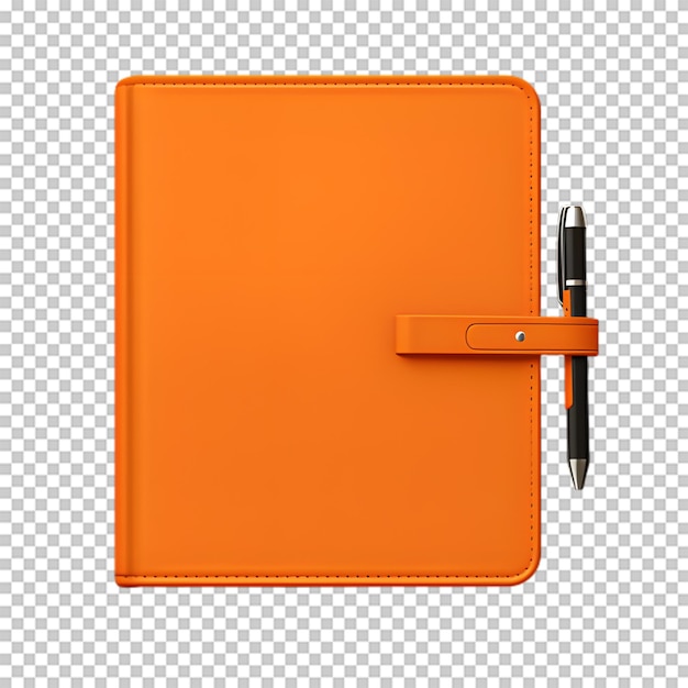 PSD cuaderno naranja con fondo transparente aislado por un bolígrafo