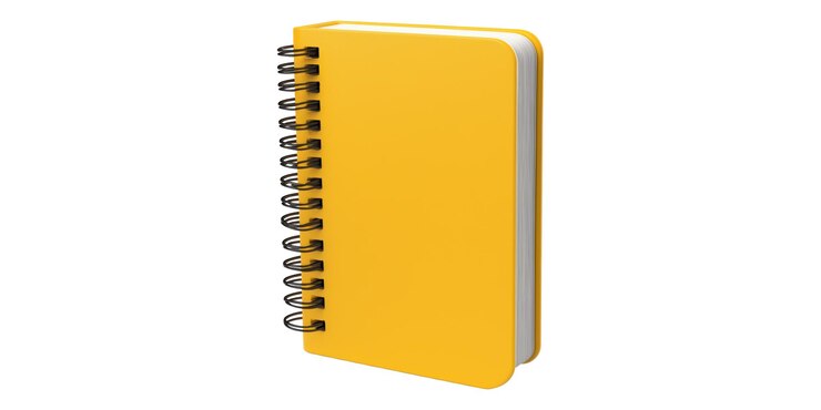 PSD cuaderno de notas en espiral amarillo con portada dura aislada sobre un fondo transparente