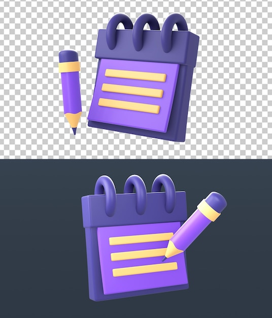 Cuaderno de notas púrpura amarillo 3d con iconos de lápiz para UI UX aplicaciones móviles web diseños de anuncios de redes sociales