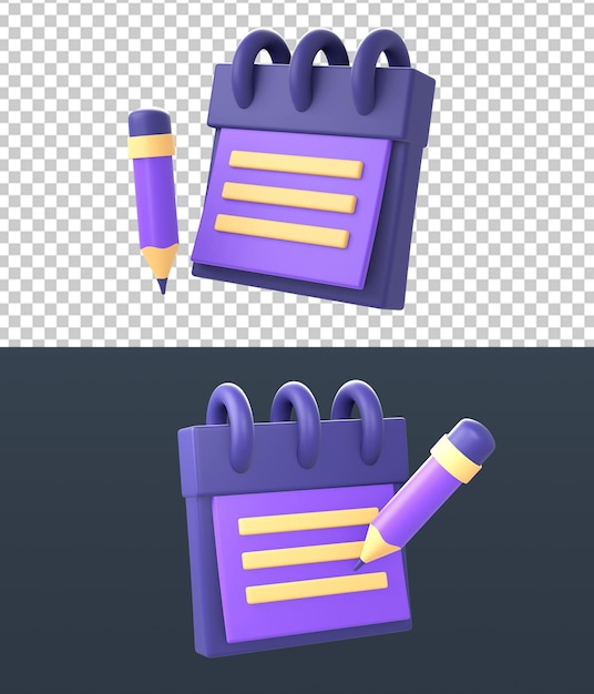 PSD cuaderno de notas púrpura amarillo 3d con iconos de lápiz para ui ux aplicaciones móviles web diseños de anuncios de redes sociales
