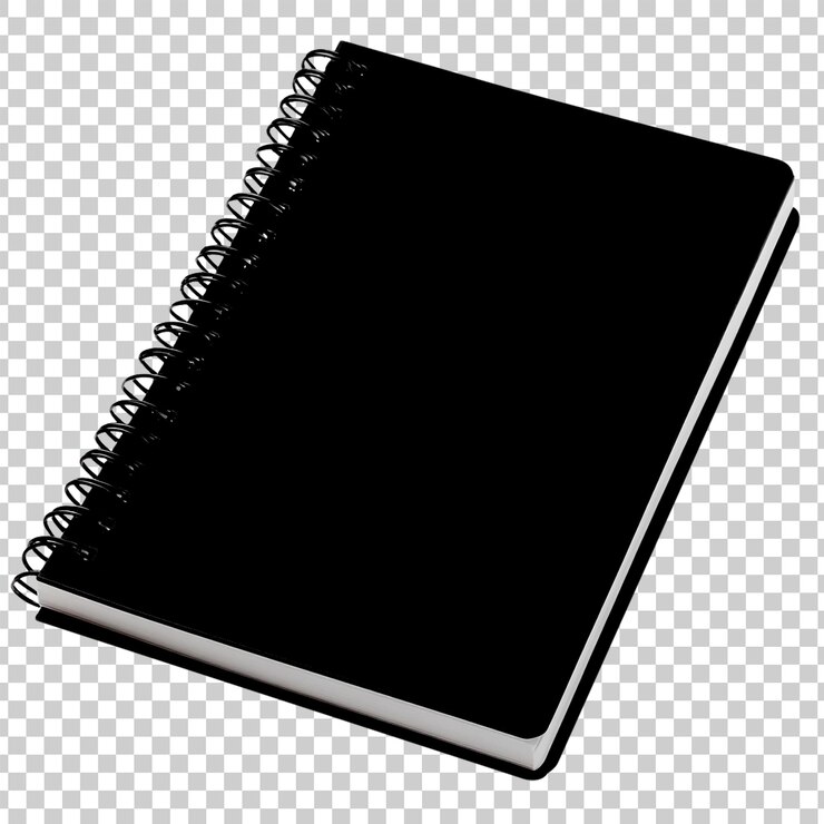 PSD un cuaderno o cuaderno de bocetos en espiral negro con una portada en blanco aislada sobre un fondo transparente