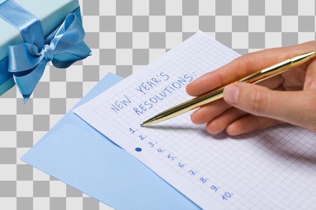 Cuaderno de resoluciones de año nuevo de PNG con decoración de año nuevo aislada sobre fondo blanco