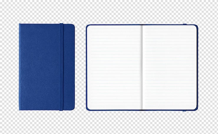 PSD cuadernos forrados cerrados y abiertos azul marino aislados sobre fondo transparente