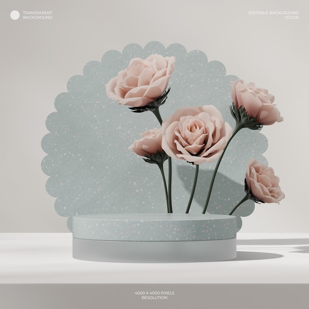 en cuadrado rosa flor de rosa 3d render trasfondo transparente de podio de terrazo verde