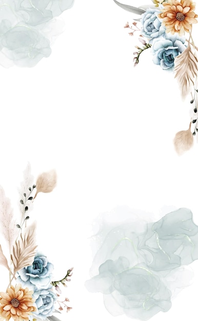 Cuadro floral de acuarela con rosas azules y hierba de las pampas