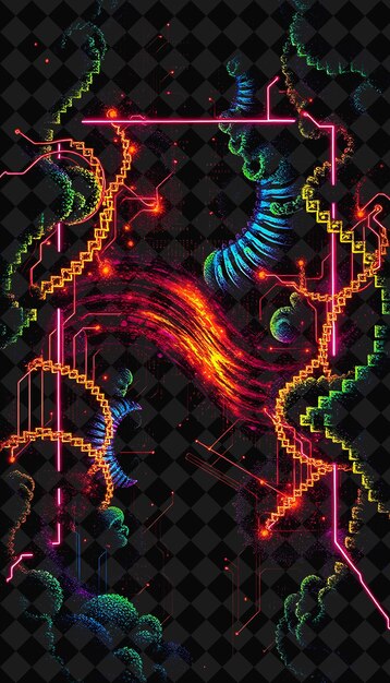 Cuadro pixelado en fondo negro reventado con decoración de juego de marco de píxeles vívido y altamente aislado