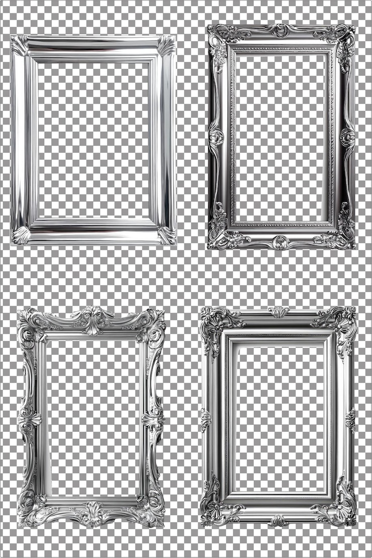 Cuadro de plata Exhibición de fotos elegante y elegante Hiperrealista Plano blanco aislado Transpare