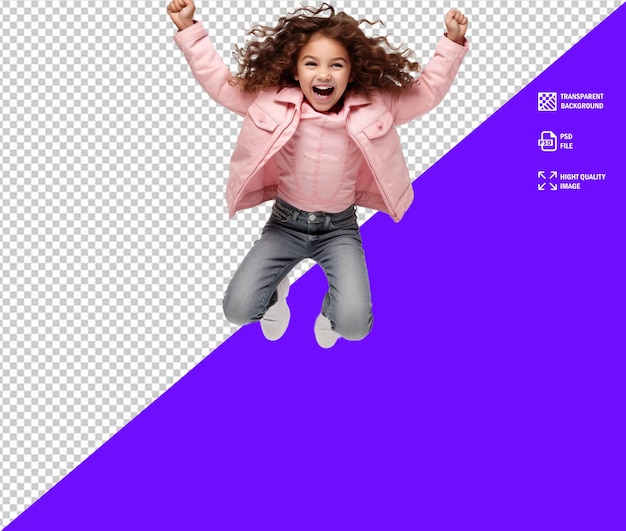 PSD cuadro de tamaño completo de niña saltando con las manos en alto llena de alegría vistiendo jeans de mezclilla de cuello alto rosa psd