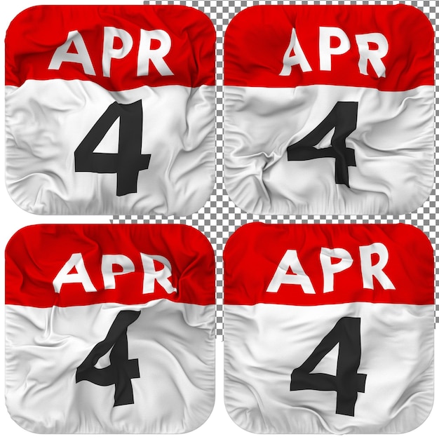 Cuarto 4 de abril Fecha Calendario Icono Aislado Cuatro Estilo de onda diferente Bump Textura 3D Rendering