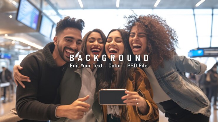 PSD cuatro amigos se toman una selfie mientras se ríen en el aeropuerto