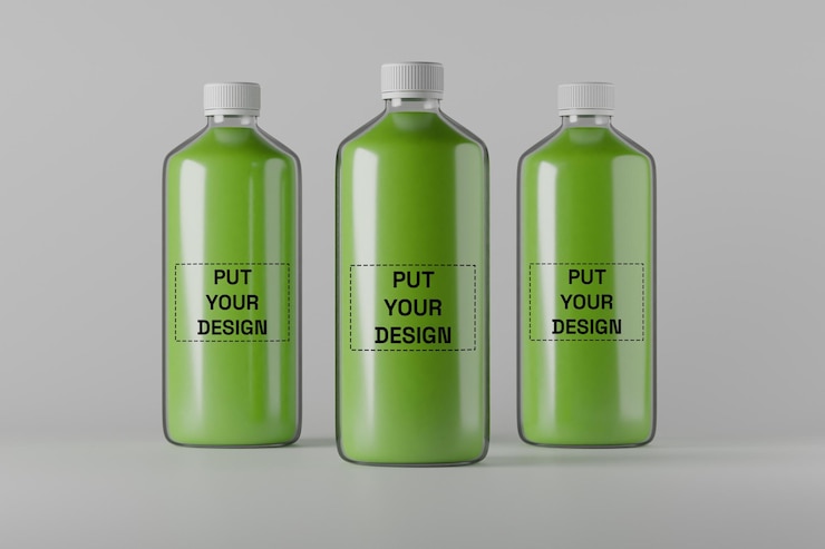 cuatro botellas verdes de poner su diseño en un fondo gris