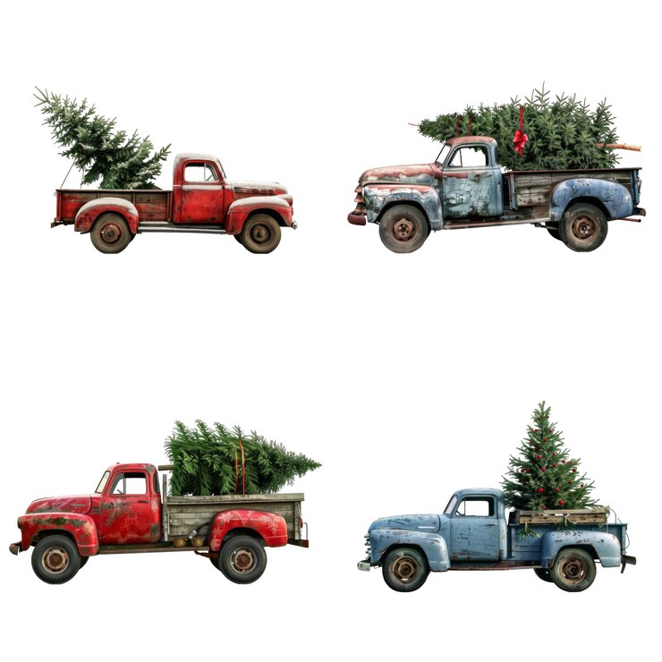 PSD cuatro camionetas antiguas que transportan árboles de navidad