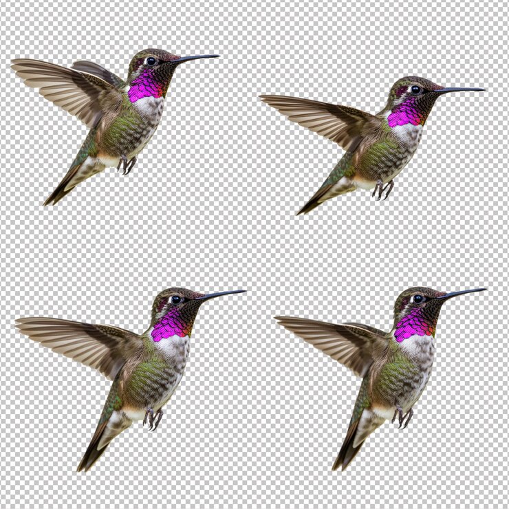 PSD cuatro colibríes annas en vuelo contra un fondo blanco