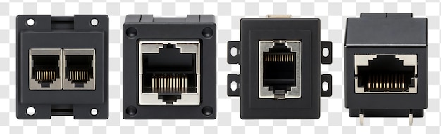 Cuatro conectores Ethernet RJ45 de varios tipos y configuraciones