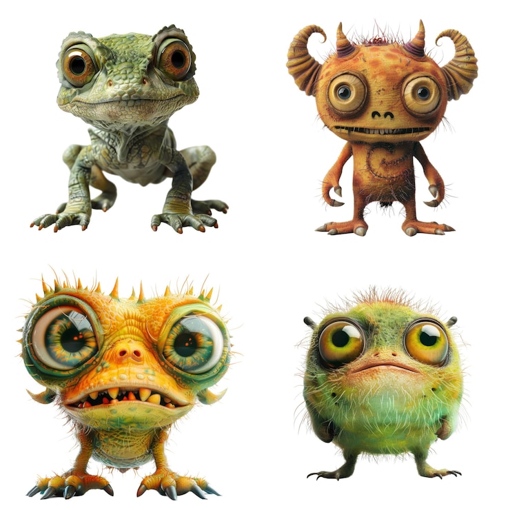 PSD cuatro criaturas de dibujos animados con ojos grandes y garras afiladas