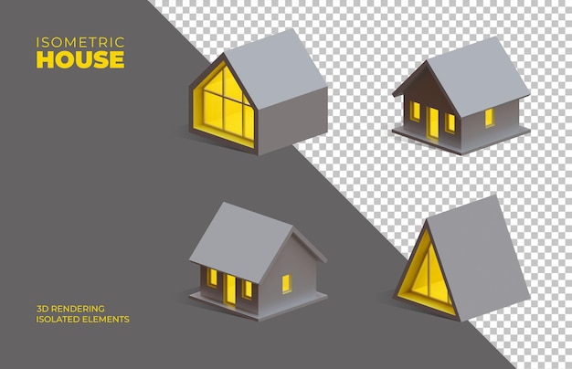 Cuatro elementos aislados de representación 3D isométrica de casas