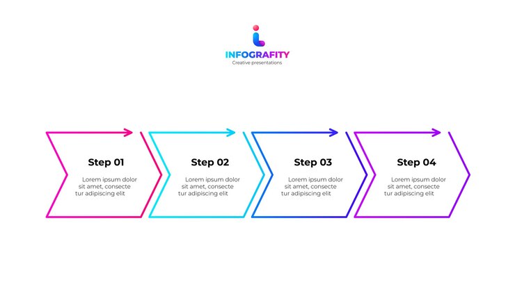 PSD cuatro flechas de línea horizontal con texto concepto de 4 opciones de proceso de desarrollo empresarial