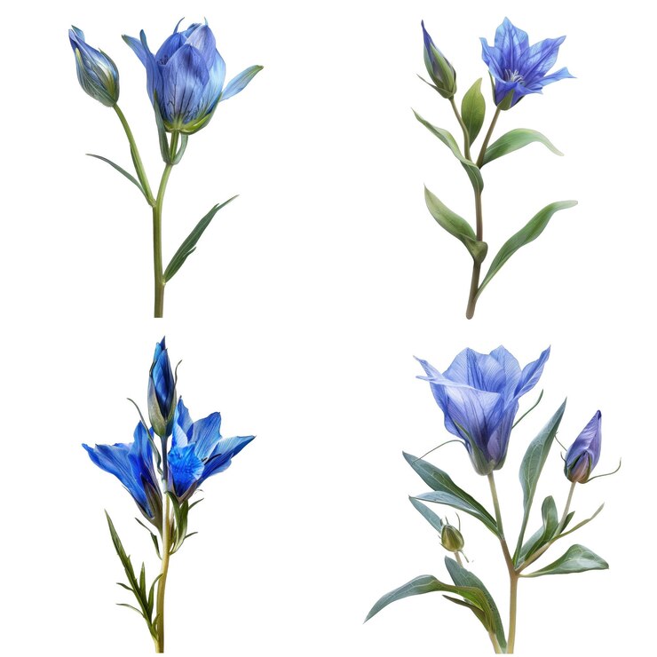 PSD cuatro flores azules con tallos y brotes verdes
