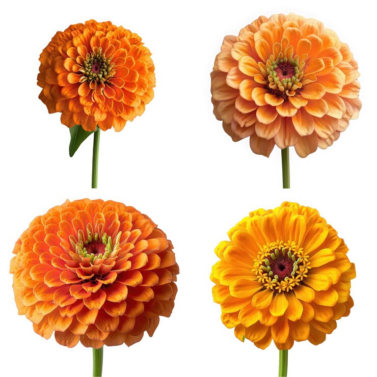 PSD cuatro flores de zinnia naranja y amarilla en una cuadrícula