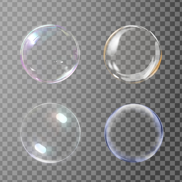 Cuatro fondos transparentes coloridos de burbujas refractivas fluorescentes ácidas