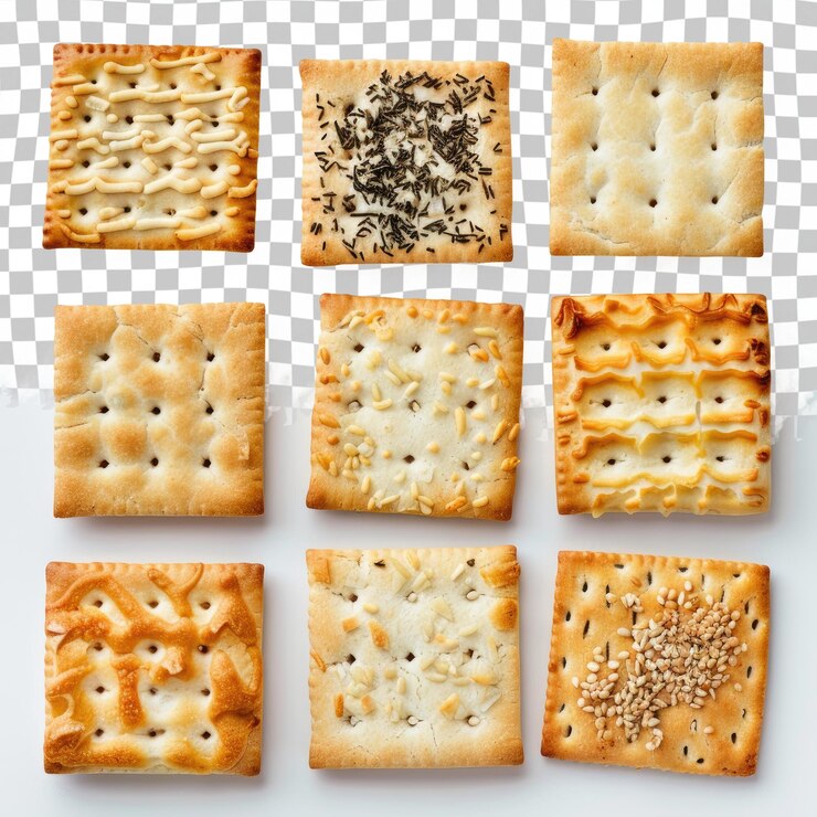 PSD cuatro galletas cuadradas con semillas y semillas en un fondo a cuadros