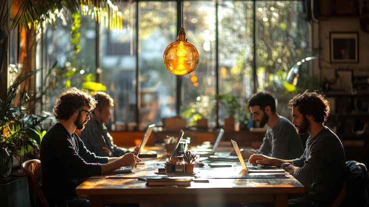 PSD cuatro hombres trabajando en computadoras portátiles en una mesa en un café con una gran ventana y plantas en el fondo