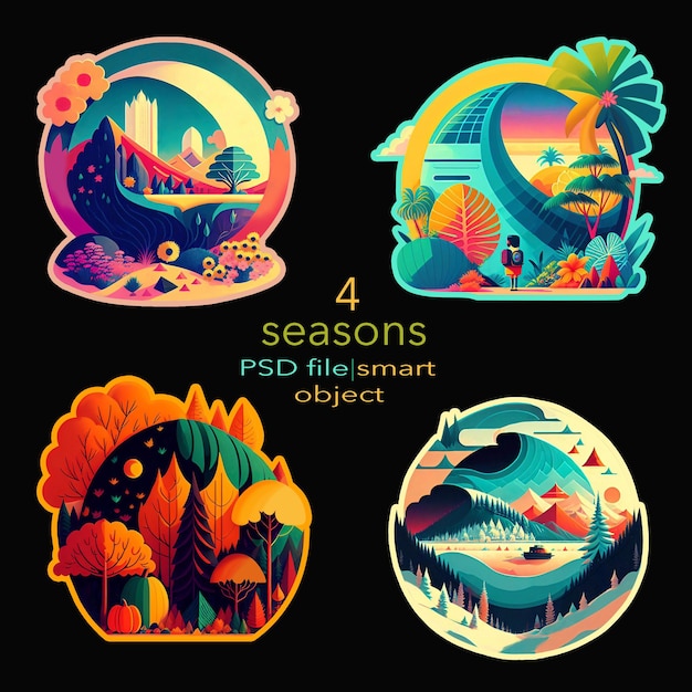 PSD cuatro ilustraciones diferentes de diferentes estaciones incluyendo un bosque, árboles y un bosque.