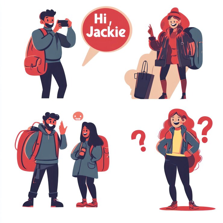 PSD cuatro ilustraciones de diversos jóvenes viajeros de mochila explorando e interactuando