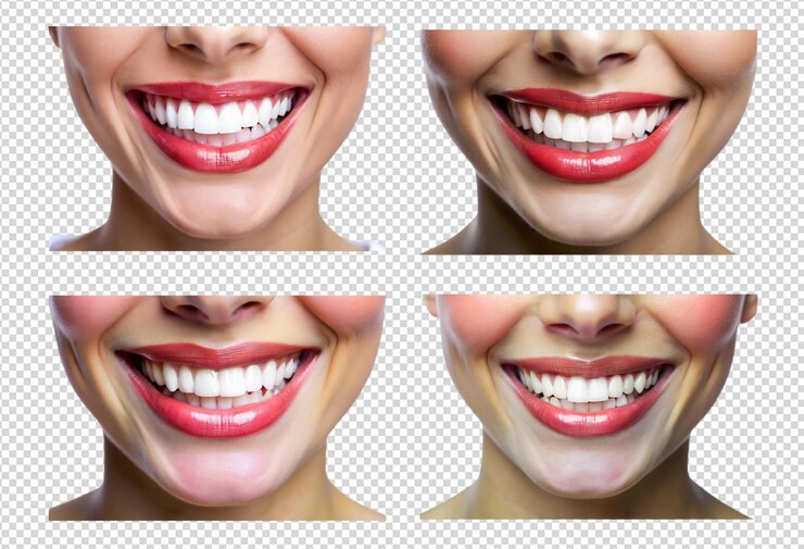 PSD cuatro imágenes diferentes de una mujer con una sonrisa que dice sonrisa
