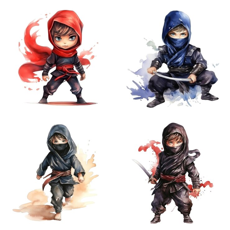 PSD cuatro jóvenes ninjas en acuarela con ropas con capucha roja y azul