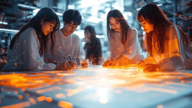 PSD cuatro jóvenes profesionales trabajando en un proyecto en una oficina moderna rodeada de una interfaz digital brillante