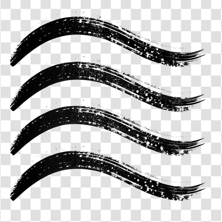 Cuatro líneas grunge negras curvas distintas con diferentes formas de arco aisladas en un fondo transparente