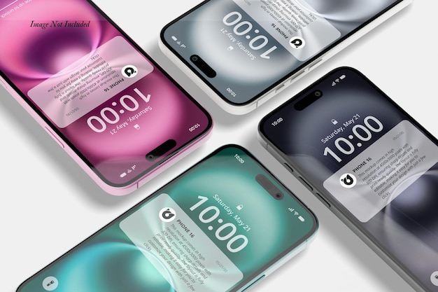 Cuatro maquetas de teléfonos inteligentes de colores variados están dispuestas diagonalmente sobre un fondo blanco sólido