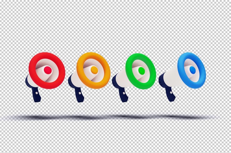 cuatro megáfonos con colores rojo amarillo verde azul y 3 renderización