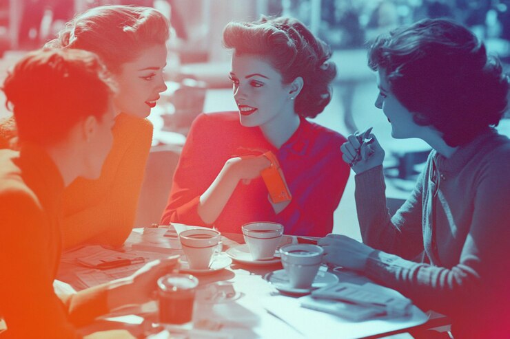 PSD cuatro mujeres con ropa y peinados de estilo vintage sentadas en un café al aire libre conversando mientras sostienen tazas de café y una tarjeta